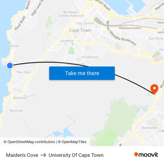 Maiden's Cove to University Of Cape Town map