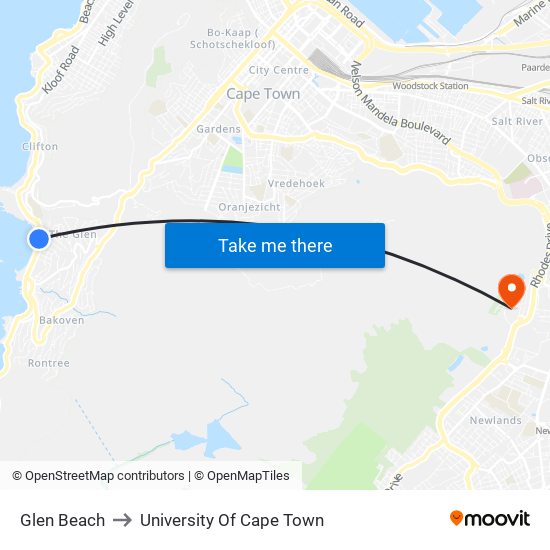 Glen Beach to University Of Cape Town map