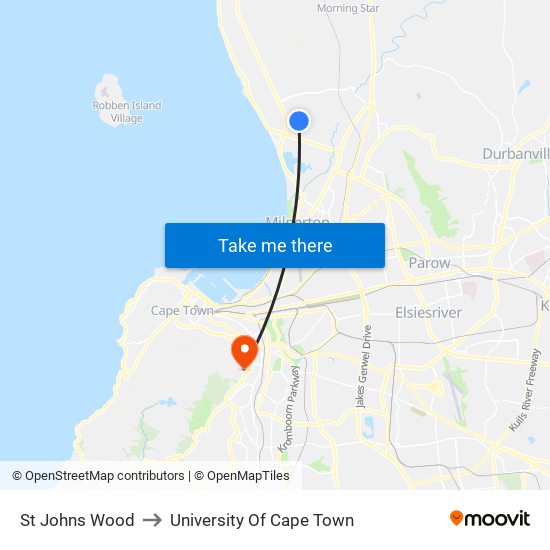 St Johns Wood to University Of Cape Town map