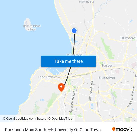 Parklands Main South to University Of Cape Town map