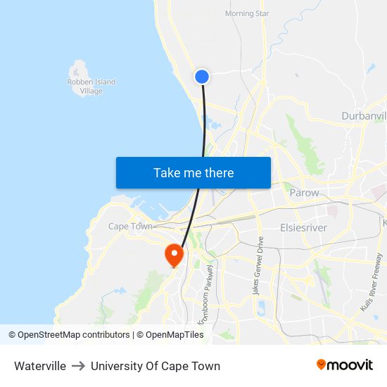 Waterville to University Of Cape Town map