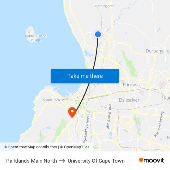 Parklands Main North to University Of Cape Town map