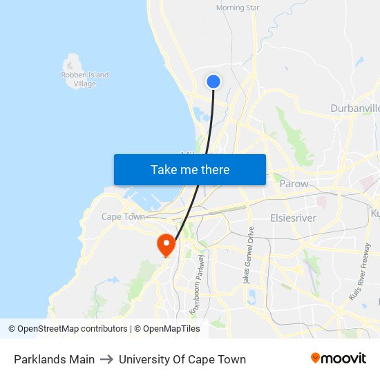 Parklands Main to University Of Cape Town map