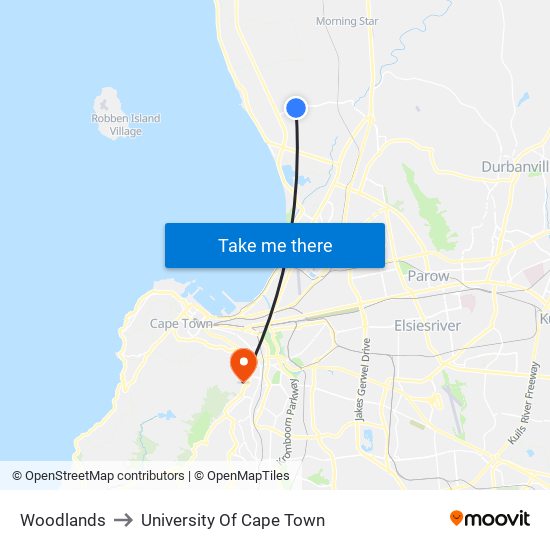 Woodlands to University Of Cape Town map