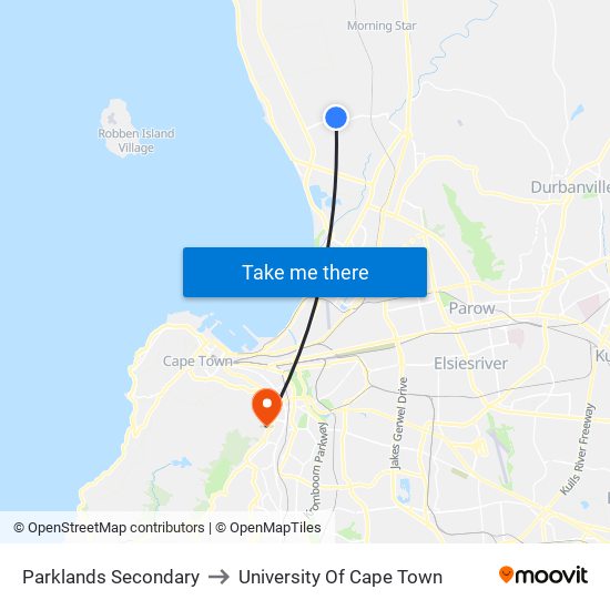 Parklands Secondary to University Of Cape Town map