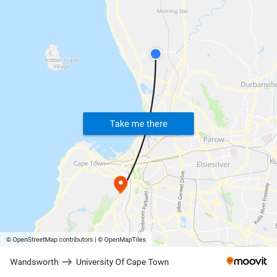 Wandsworth to University Of Cape Town map