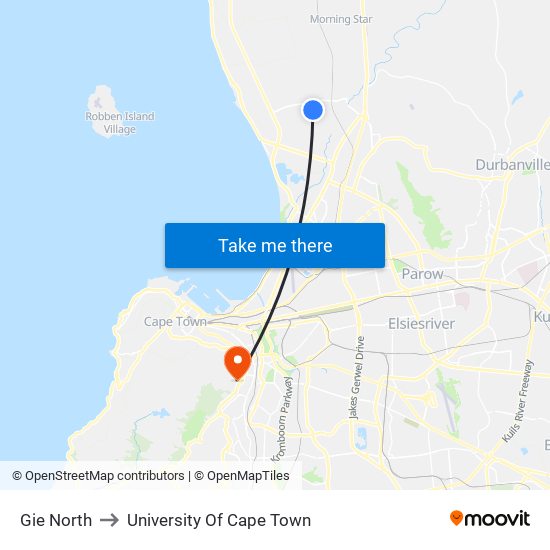 Gie North to University Of Cape Town map