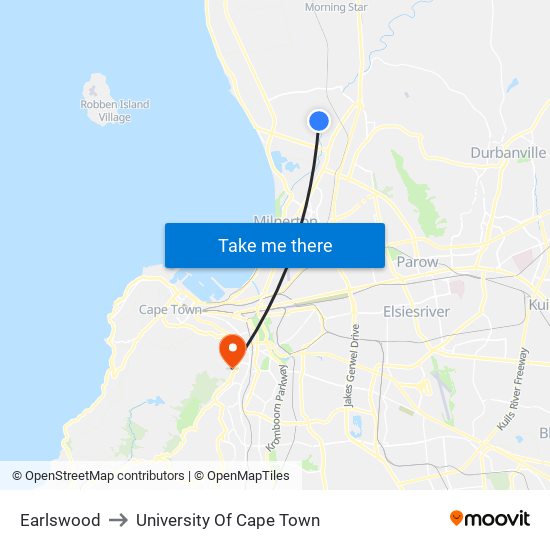 Earlswood to University Of Cape Town map