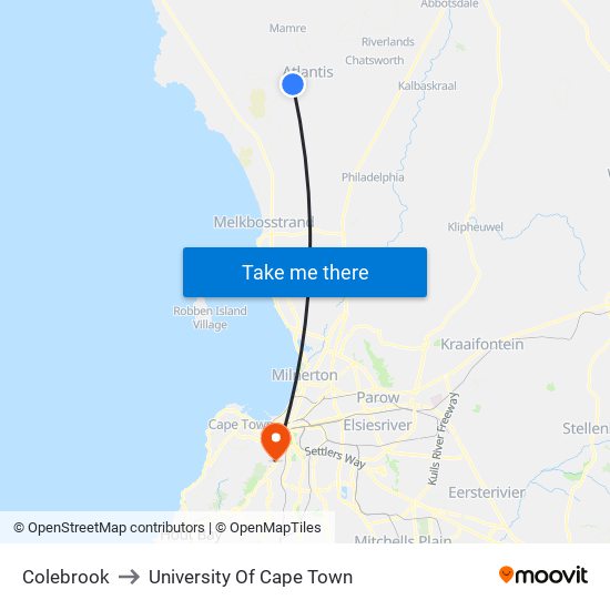 Colebrook to University Of Cape Town map