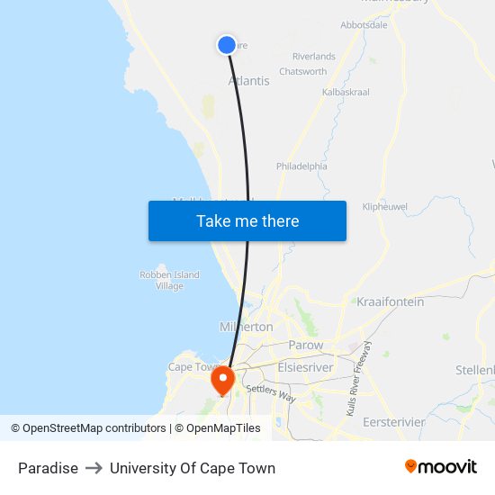 Paradise to University Of Cape Town map