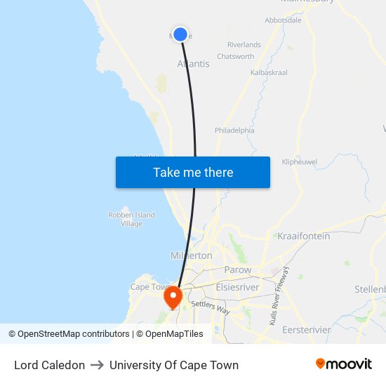 Lord Caledon to University Of Cape Town map