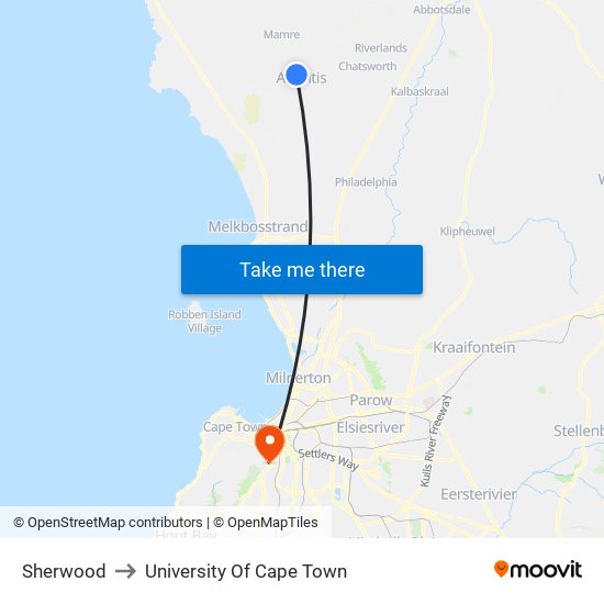 Sherwood to University Of Cape Town map