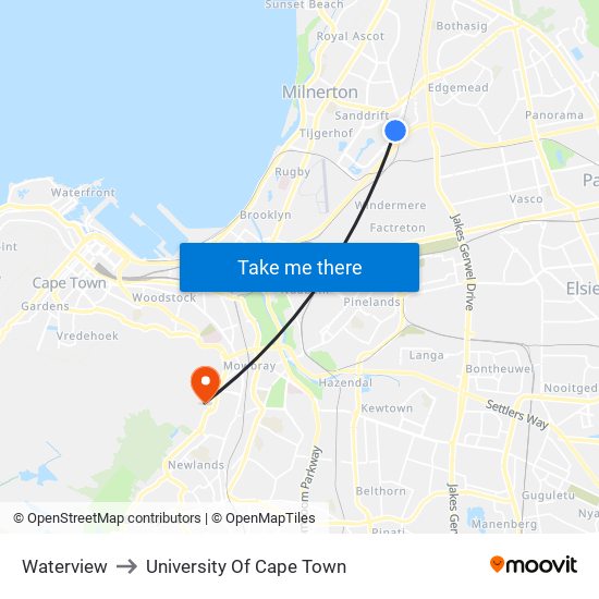 Waterview to University Of Cape Town map