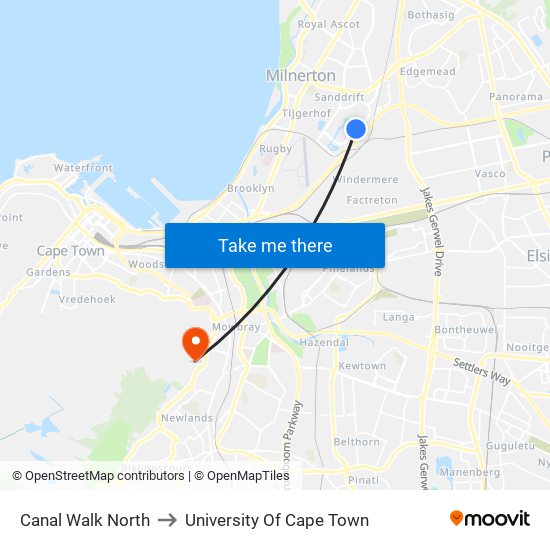 Canal Walk North to University Of Cape Town map