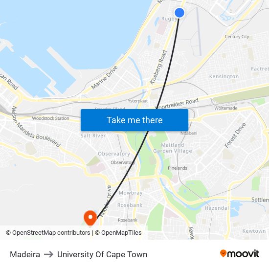 Madeira to University Of Cape Town map