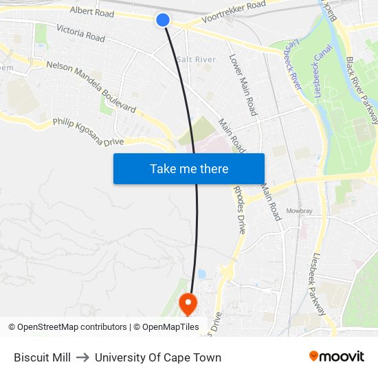 Biscuit Mill to University Of Cape Town map