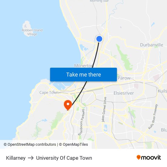 Killarney to University Of Cape Town map