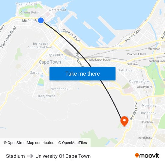 Stadium to University Of Cape Town map