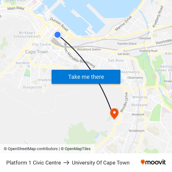 Platform 1 Civic Centre to University Of Cape Town map