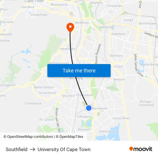 Southfield to University Of Cape Town map