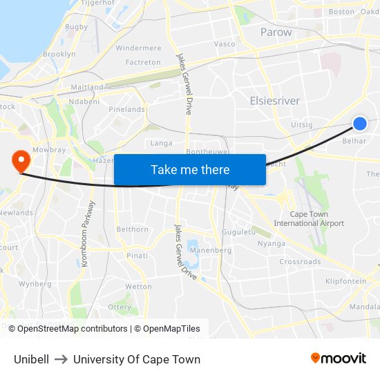 Unibell to University Of Cape Town map