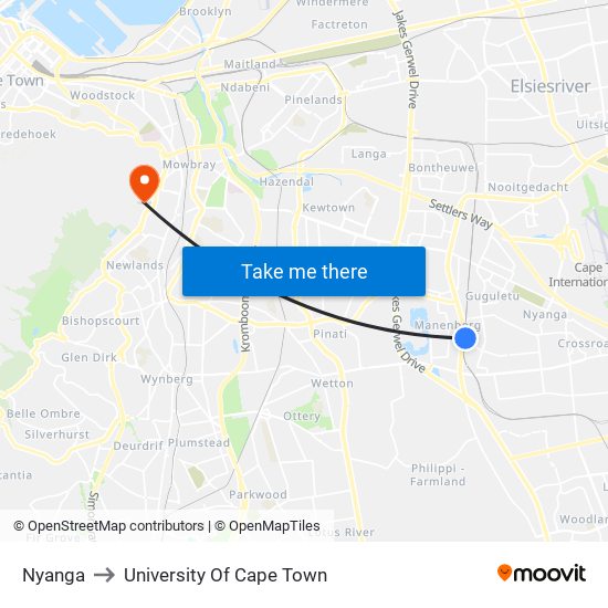 Nyanga to University Of Cape Town map