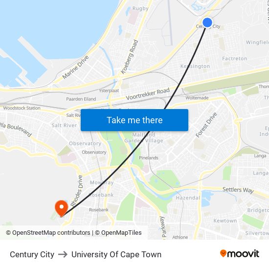 Century City to University Of Cape Town map