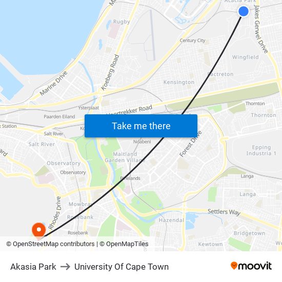 Akasia Park to University Of Cape Town map