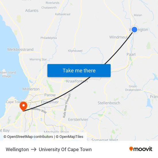 Wellington to University Of Cape Town map