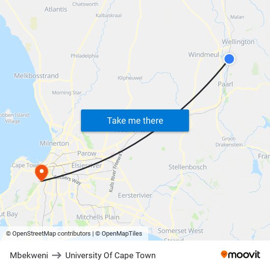 Mbekweni to University Of Cape Town map