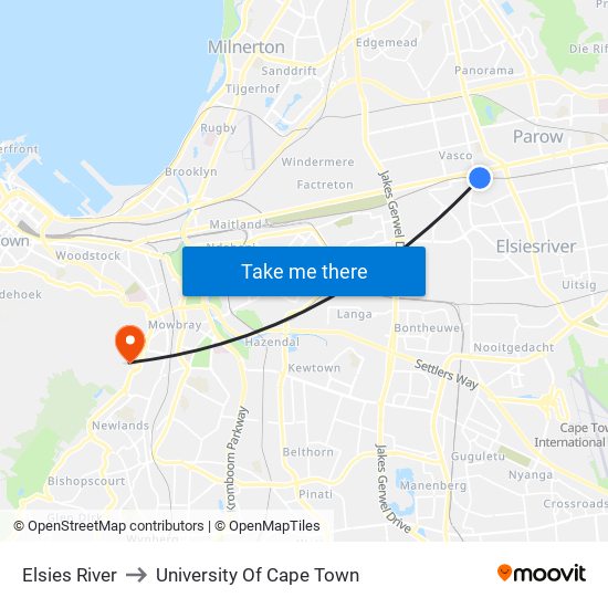 Elsies River to University Of Cape Town map