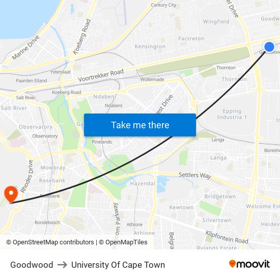 Goodwood to University Of Cape Town map