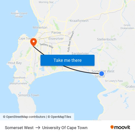 Somerset West to University Of Cape Town map