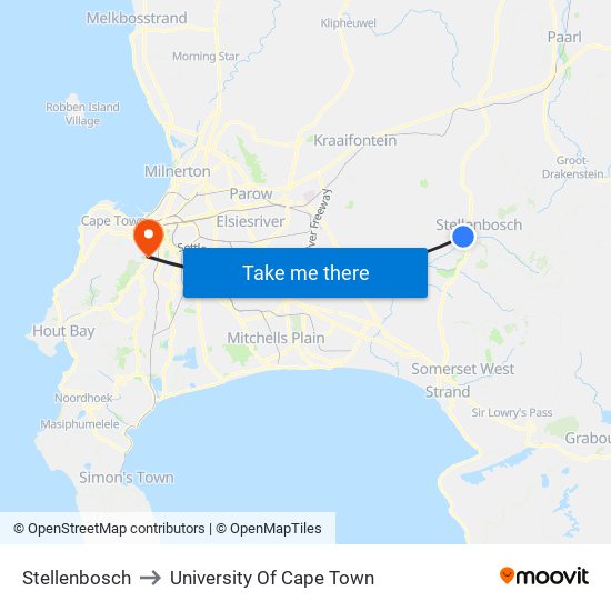 Stellenbosch to University Of Cape Town map