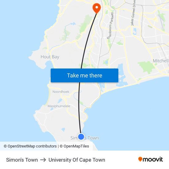 Simon's Town to University Of Cape Town map