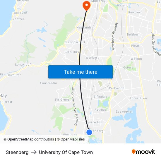 Steenberg to University Of Cape Town map