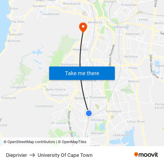 Dieprivier to University Of Cape Town map