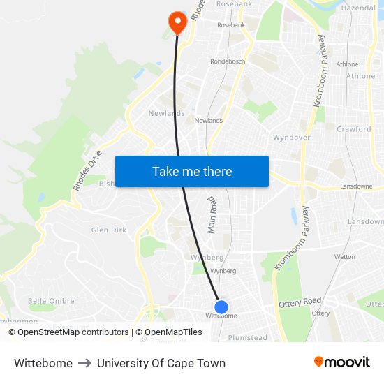 Wittebome to University Of Cape Town map