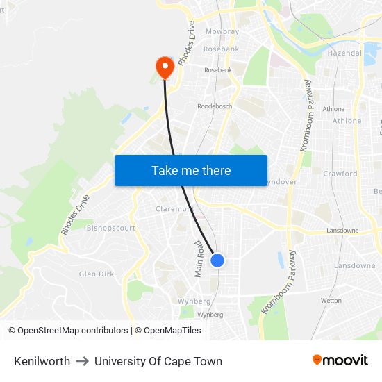 Kenilworth to University Of Cape Town map