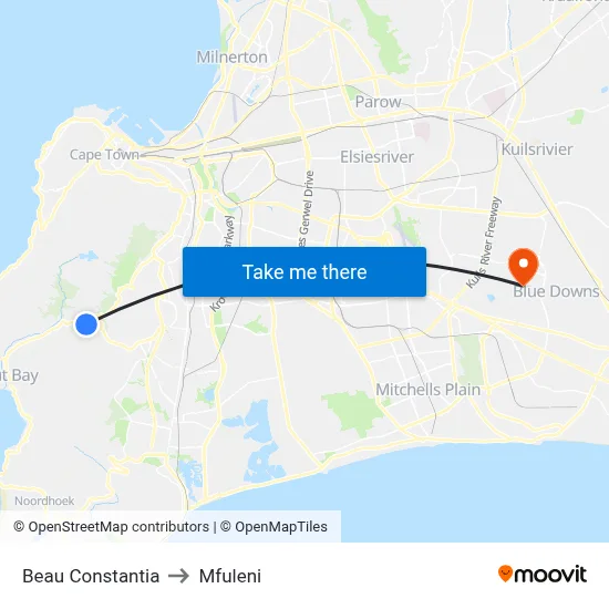 Beau Constantia to Mfuleni map