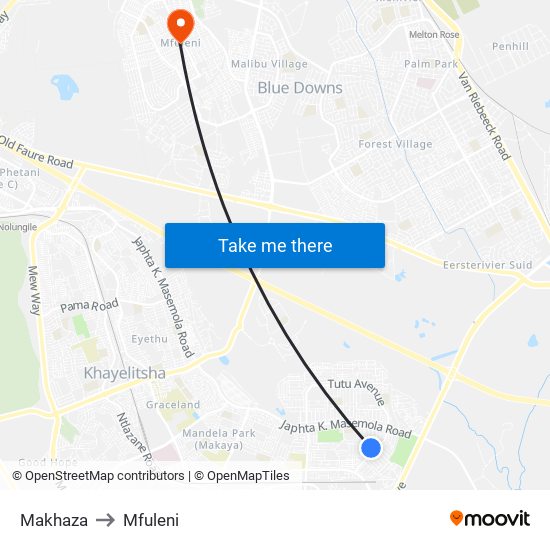 Makhaza to Mfuleni map
