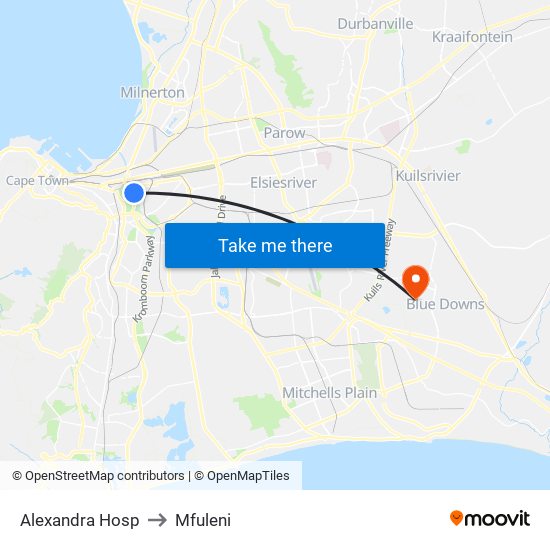 Alexandra Hosp to Mfuleni map
