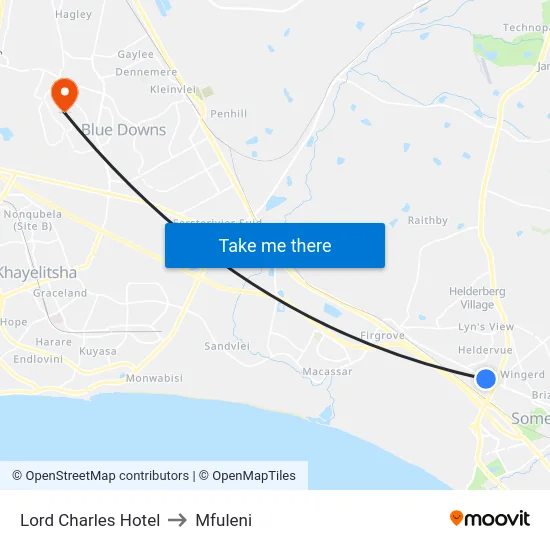 Lord Charles Hotel to Mfuleni map
