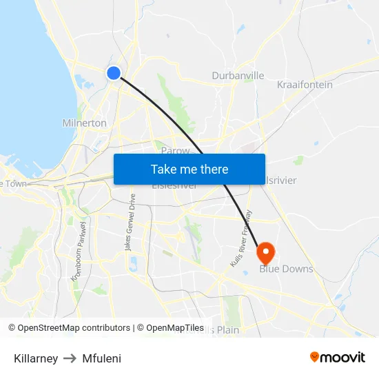 Killarney to Mfuleni map