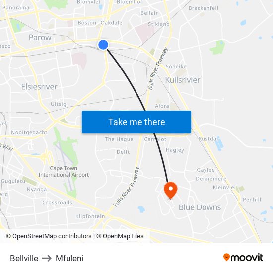 Bellville to Mfuleni map