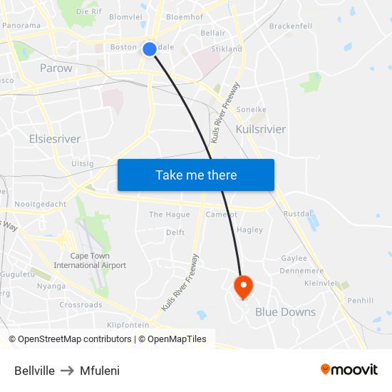 Bellville to Mfuleni map