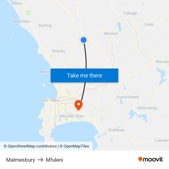 Malmesbury to Mfuleni map