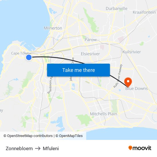 Zonnebloem to Mfuleni map
