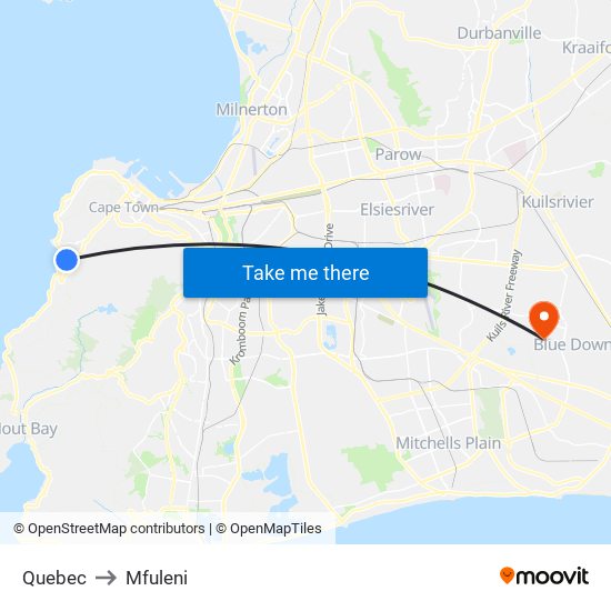 Quebec to Mfuleni map