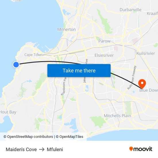 Maiden's Cove to Mfuleni map